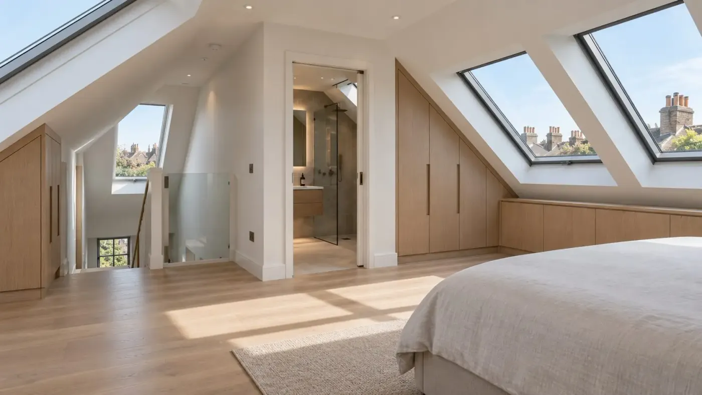 Loft conversion bedroom with skylights, fitted wardrobes and ensuite